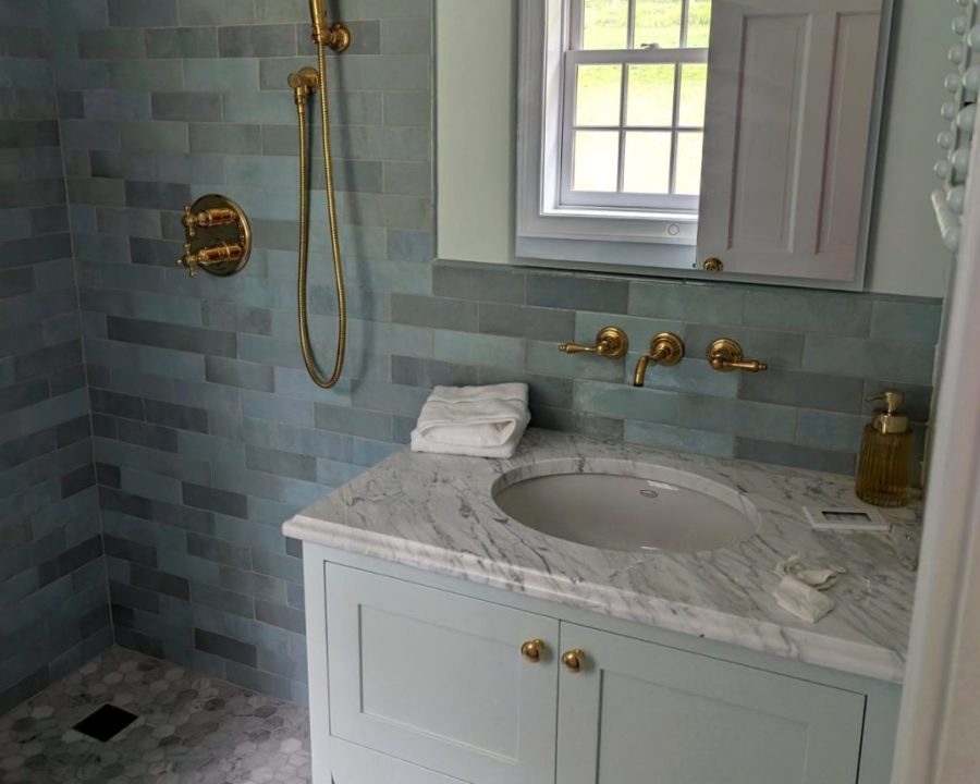 Custom bathroom vanity with marble top and brass fittings, Savannah GA