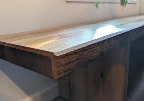 Wood vanity counter detail in a Savannah bathroom